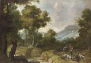 forest landscape with hunters and their dogs attacking a wolf